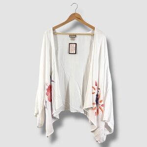 Tropical Batik Kimono Beach Coverup One Size White Gauzy Floral Swim Vacation